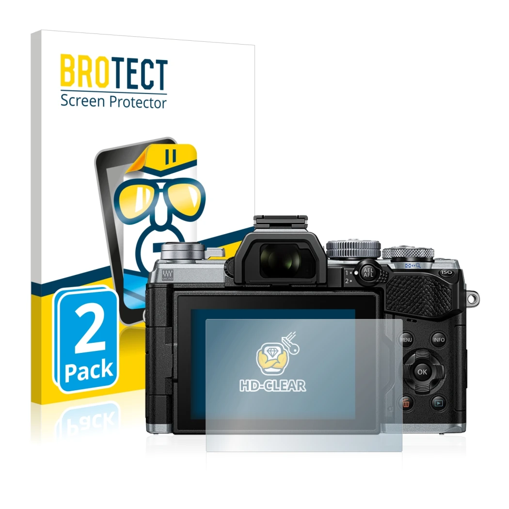 Parte frontal de un envase de producto con el logotipo de la marca BROTECT. Al lado se muestra el dispositivo Olympus OM-D E-M