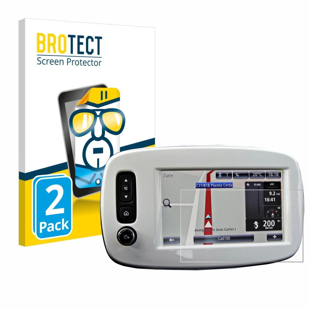 Parte frontal de un envase de producto con el logotipo de la marca BROTECT. Al lado se muestra el dispositivo TomTom Smart 453