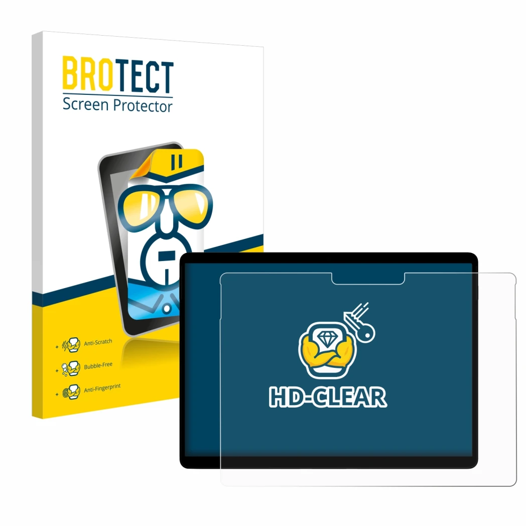 Parte frontal de un envase de producto con el logotipo de la marca BROTECT. Al lado se muestra el dispositivo Microsoft Surfac