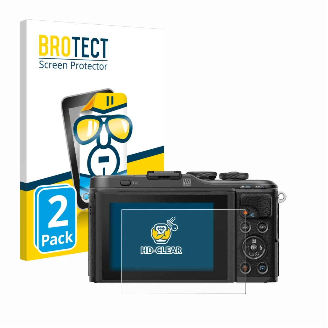 Parte frontal de un envase de producto con el logotipo de la marca BROTECT. Al lado se muestra el dispositivo Olympus PEN E-PL