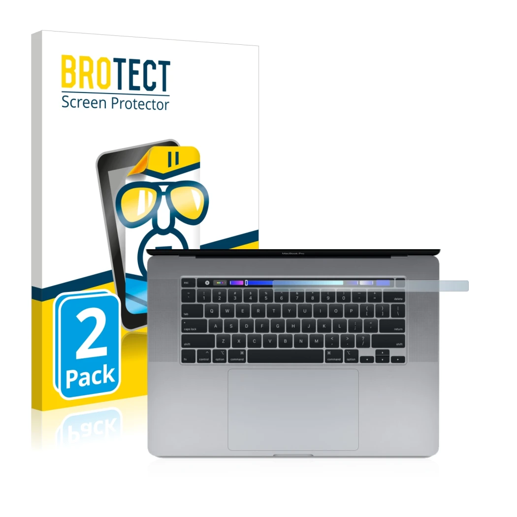 Parte frontal de un envase de producto con el logotipo de la marca BROTECT. Al lado se muestra el dispositivo Apple MacBook Pr