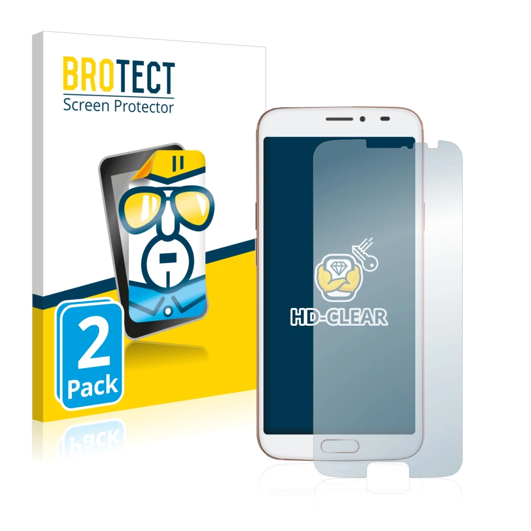 Parte frontal de un envase de producto con el logotipo de la marca BROTECT. Al lado se muestra el dispositivo Doro 8080 con su