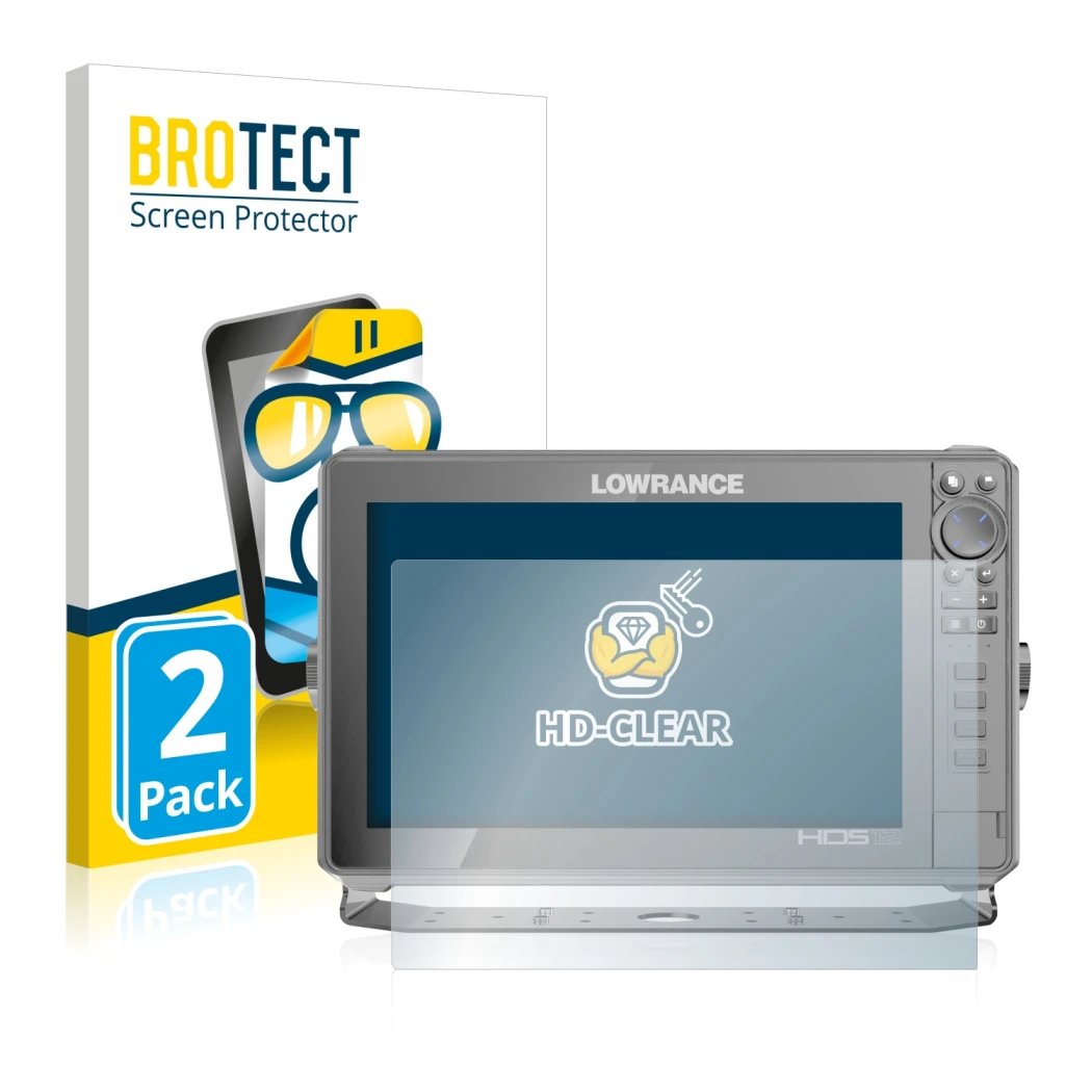 Parte frontal de un envase de producto con el logotipo de la marca BROTECT. Al lado se muestra el dispositivo Lowrance HDS Liv