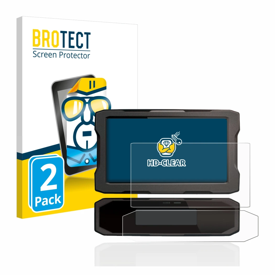 Parte frontal de un envase de producto con el logotipo de la marca BROTECT. Al lado se muestra el dispositivo Honda CRF1100L 2