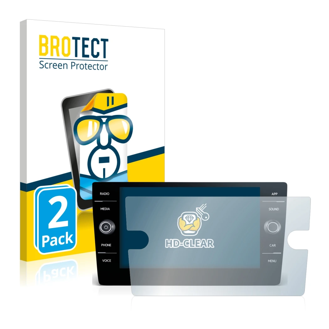 Parte frontal de un envase de producto con el logotipo de la marca BROTECT. Al lado se muestra el dispositivo Volkswagen Golf 