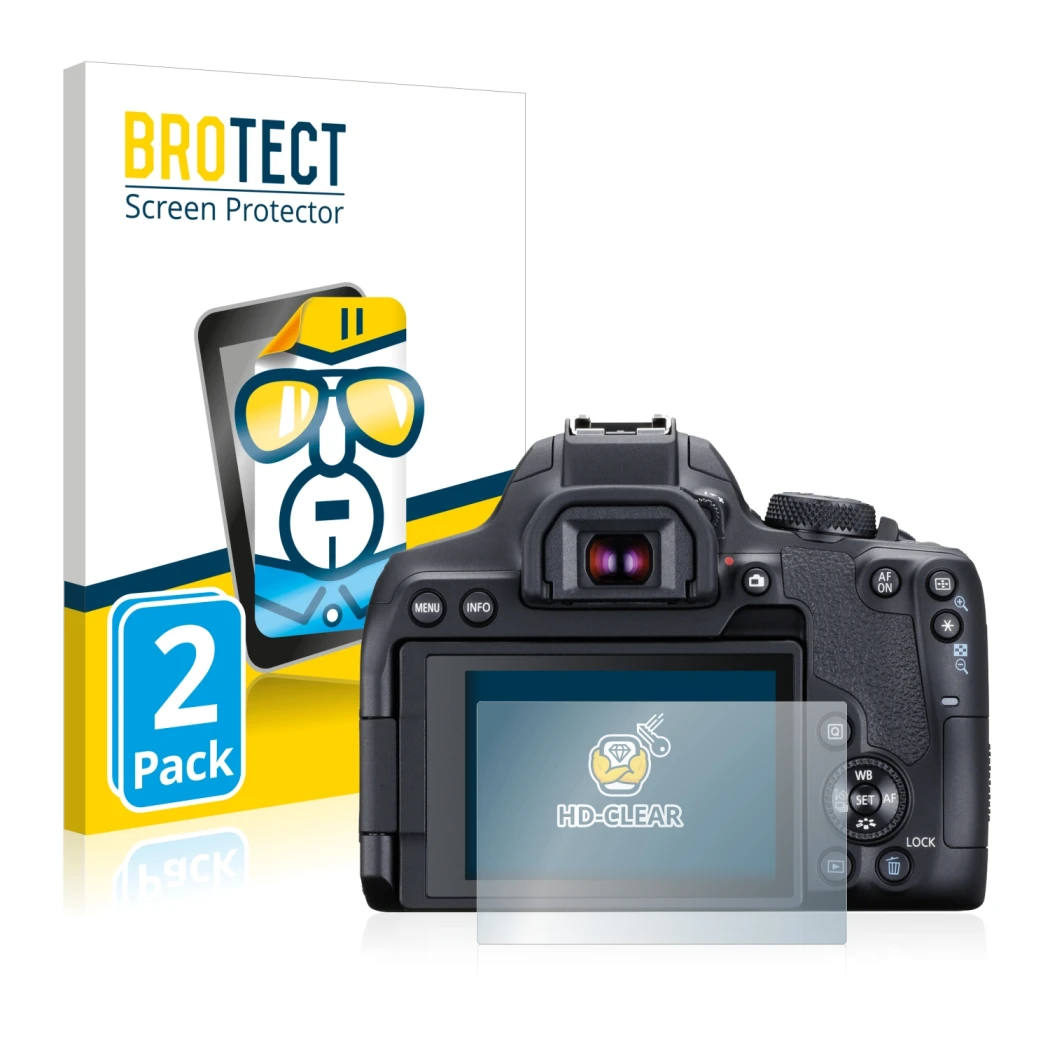 Parte frontal de un envase de producto con el logotipo de la marca BROTECT. Al lado se muestra el dispositivo Canon EOS 850D c