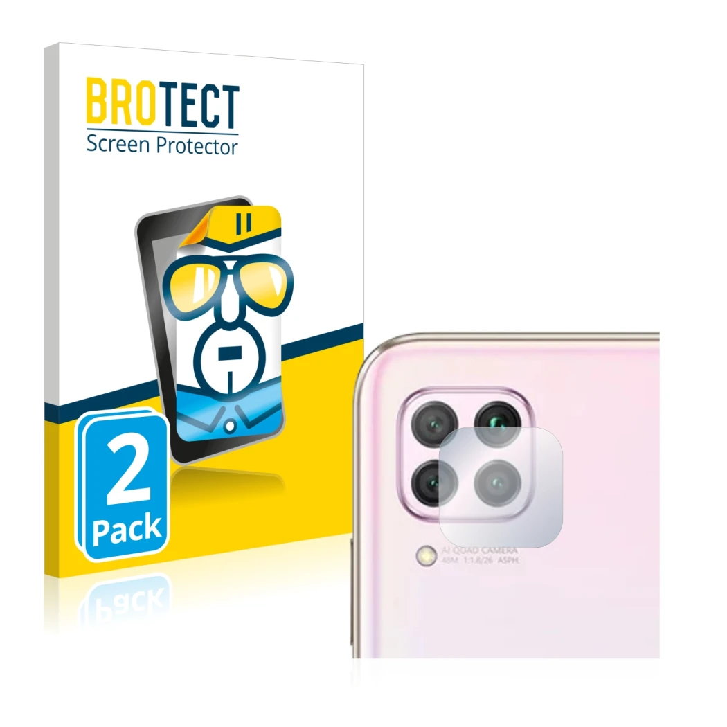 Parte frontal de un envase de producto con el logotipo de la marca BROTECT. Al lado se muestra el dispositivo Huawei P40 lite 