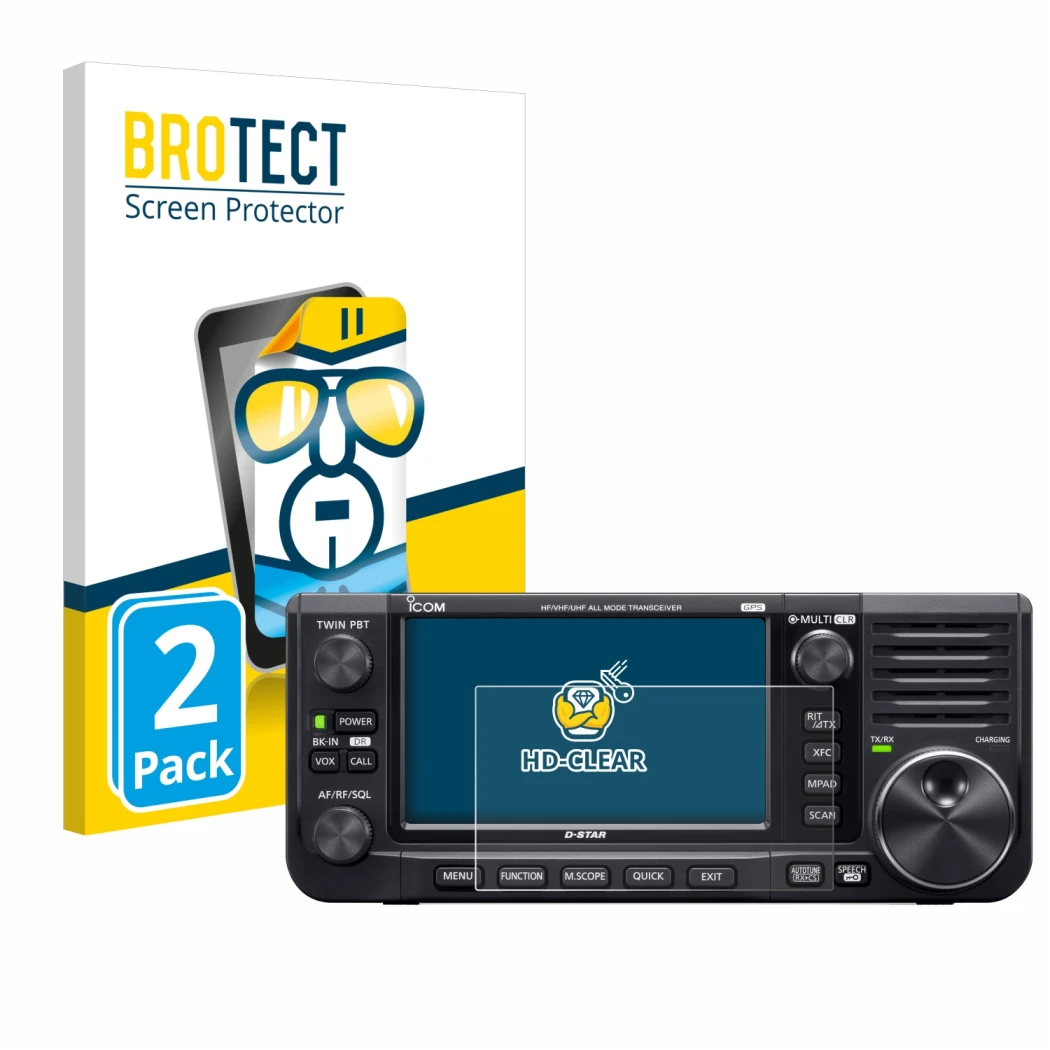 Parte frontal de un envase de producto con el logotipo de la marca BROTECT. Al lado se muestra el dispositivo Icom IC-705 con 