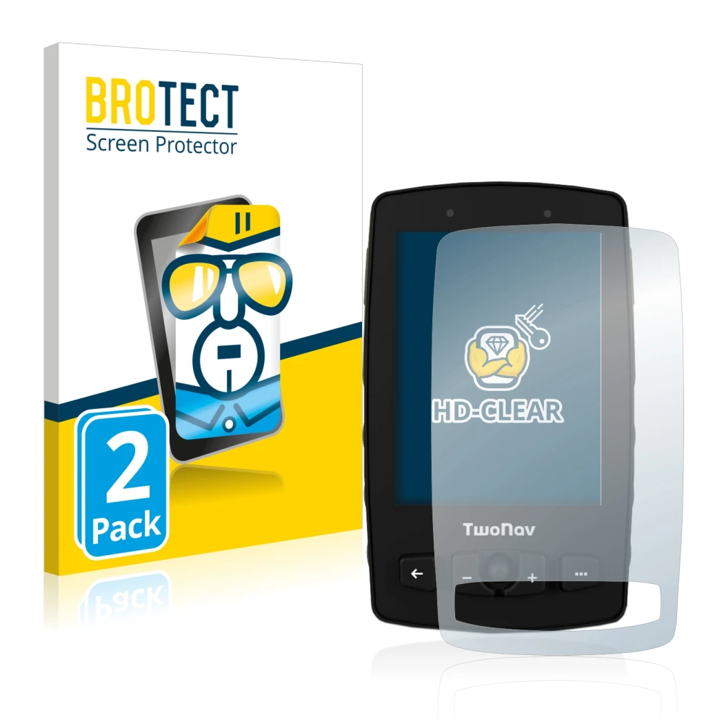 Parte frontal de un envase de producto con el logotipo de la marca BROTECT. Al lado se muestra el dispositivo TwoNav Aventura 