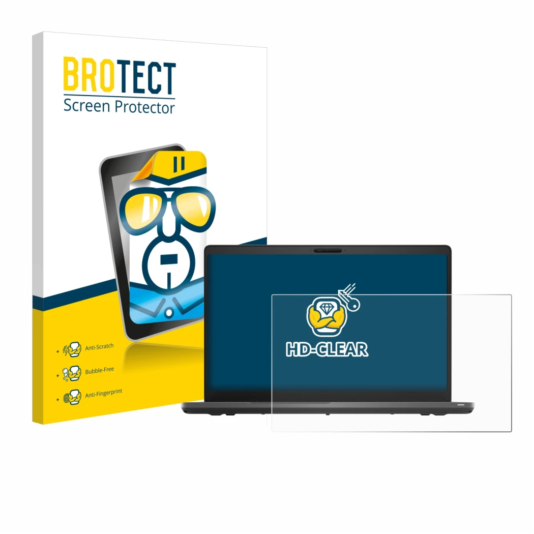 Parte frontal de un envase de producto con el logotipo de la marca BROTECT. Al lado se muestra el dispositivo Dell Latitude 55