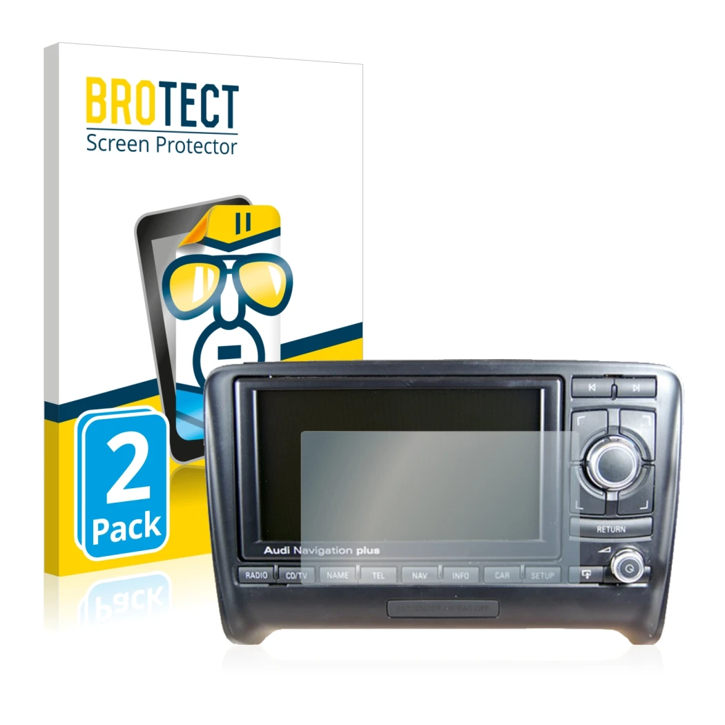 Parte frontal de un envase de producto con el logotipo de la marca BROTECT. Al lado se muestra el dispositivo Audi A3 8P 2004-