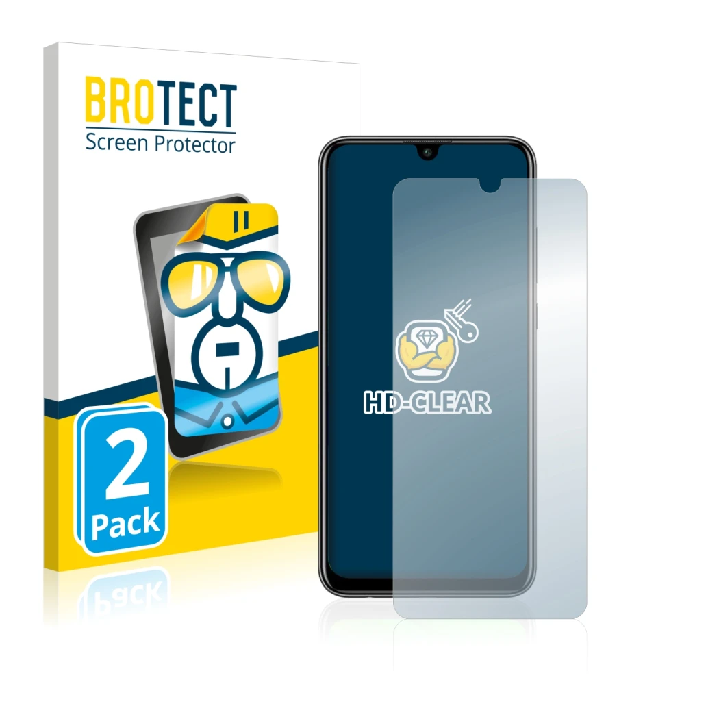 Parte frontal de un envase de producto con el logotipo de la marca BROTECT. Al lado se muestra el dispositivo Huawei P smart 2