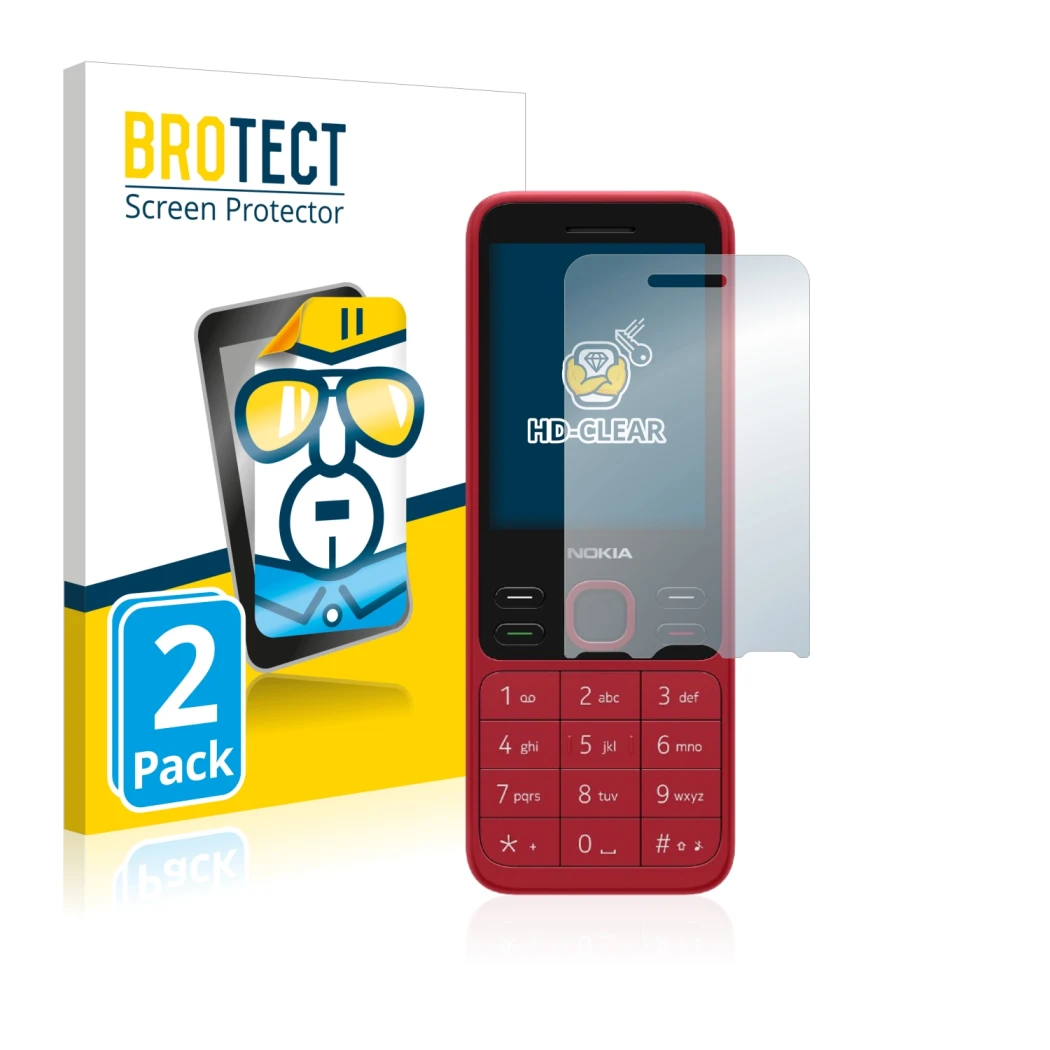 Parte frontal de un envase de producto con el logotipo de la marca BROTECT. Al lado se muestra el dispositivo Nokia 150 2020 c
