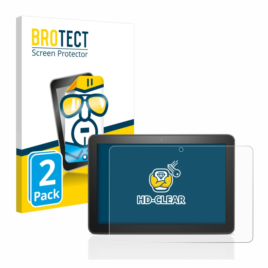 Parte frontal de un envase de producto con el logotipo de la marca BROTECT. Al lado se muestra el dispositivo Amazon Fire HD 8