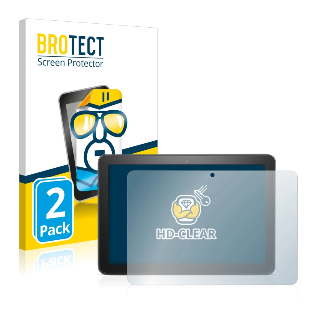 Parte frontal de un envase de producto con el logotipo de la marca BROTECT. Al lado se muestra el dispositivo Amazon Fire HD 8