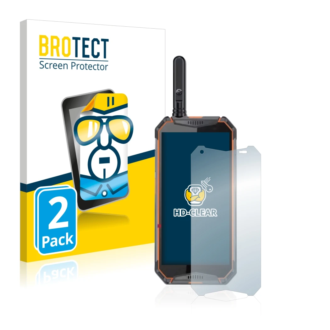 Parte frontal de un envase de producto con el logotipo de la marca BROTECT. Al lado se muestra el dispositivo Ulefone Armor 3w