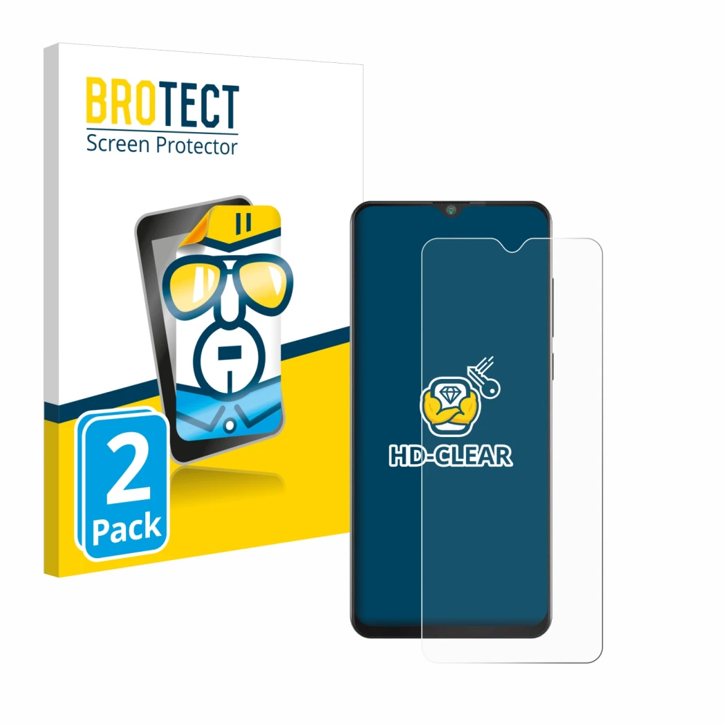 Parte frontal de un envase de producto con el logotipo de la marca BROTECT. Al lado se muestra el dispositivo Cubot Note 20 co