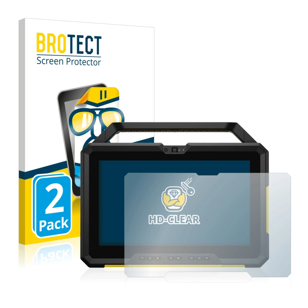 Parte frontal de un envase de producto con el logotipo de la marca BROTECT. Al lado se muestra el dispositivo Dell Latitude 72