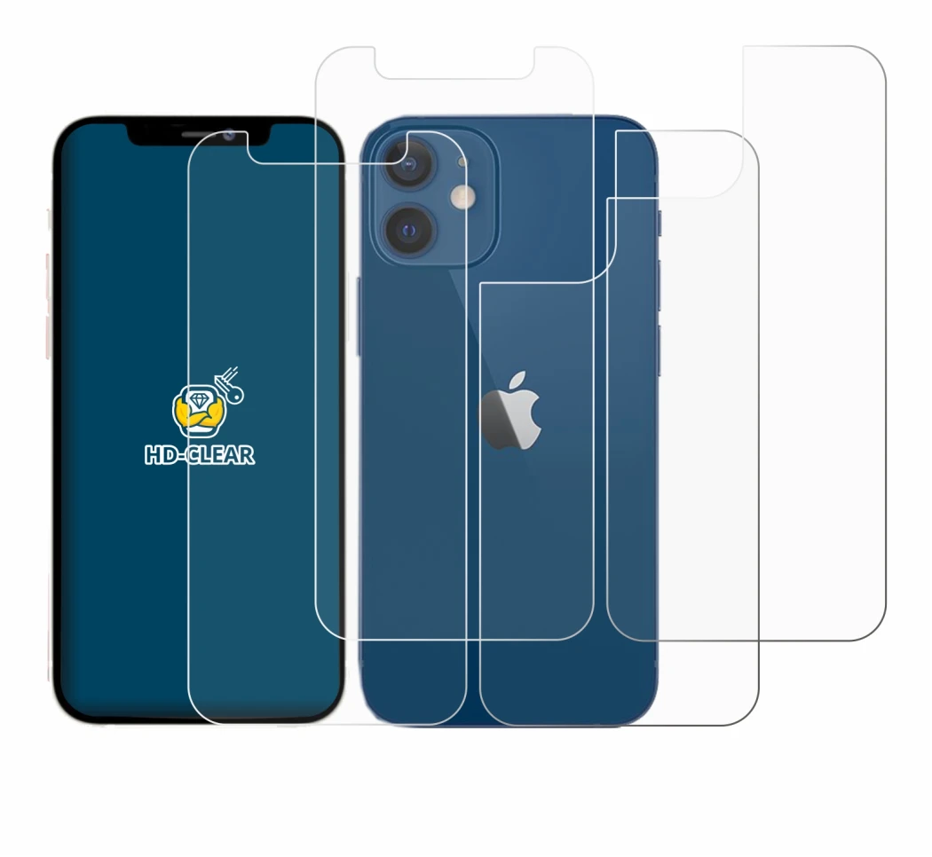 Imagen del dispositivo Apple iPhone 12 mini (Frontal+Trasero) con una amplia variedad de protectores de pantalla.