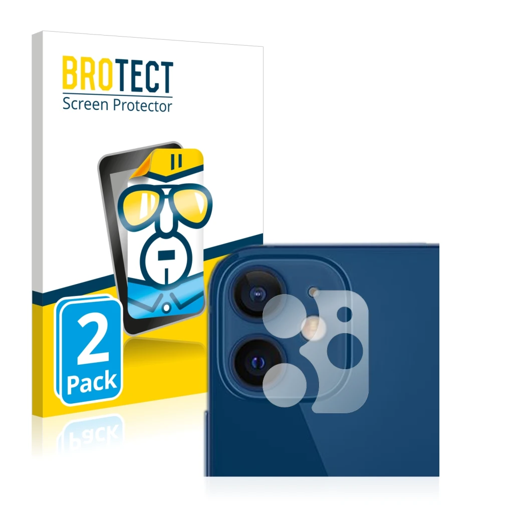 Parte frontal de un envase de producto con el logotipo de la marca BROTECT. Al lado se muestra el dispositivo Apple iPhone 12 