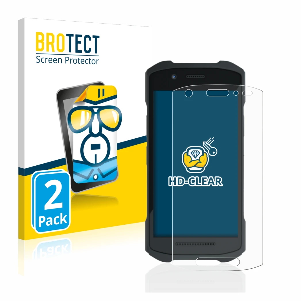Parte frontal de un envase de producto con el logotipo de la marca BROTECT. Al lado se muestra el dispositivo Zebra TC21 con s