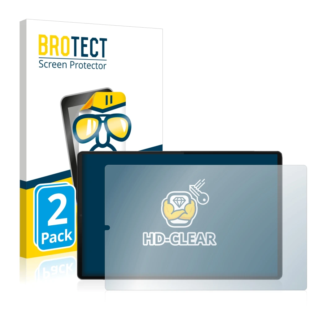 Parte frontal de un envase de producto con el logotipo de la marca BROTECT. Al lado se muestra el dispositivo Lenovo Tab M10 F