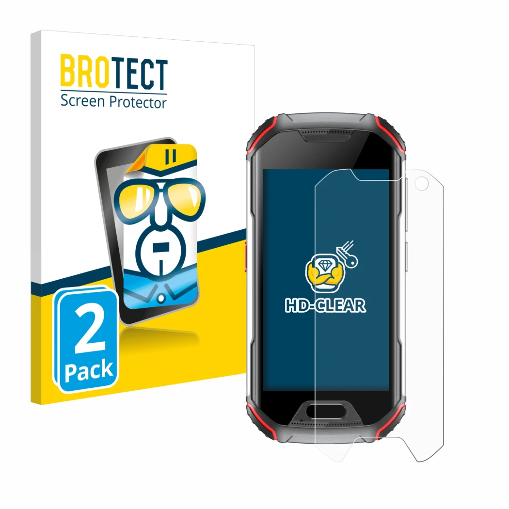 Parte frontal de un envase de producto con el logotipo de la marca BROTECT. Al lado se muestra el dispositivo Unihertz Atom L