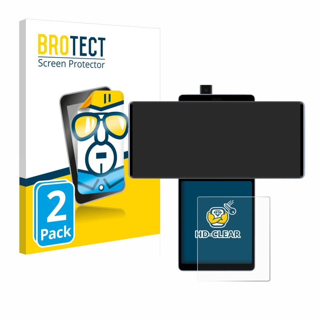 Parte frontal de un envase de producto con el logotipo de la marca BROTECT. Al lado se muestra el dispositivo LG Wing (Pantall