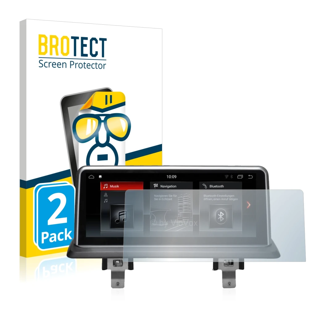 Parte frontal de un envase de producto con el logotipo de la marca BROTECT. Al lado se muestra el dispositivo BMW 1 E88 2004-2