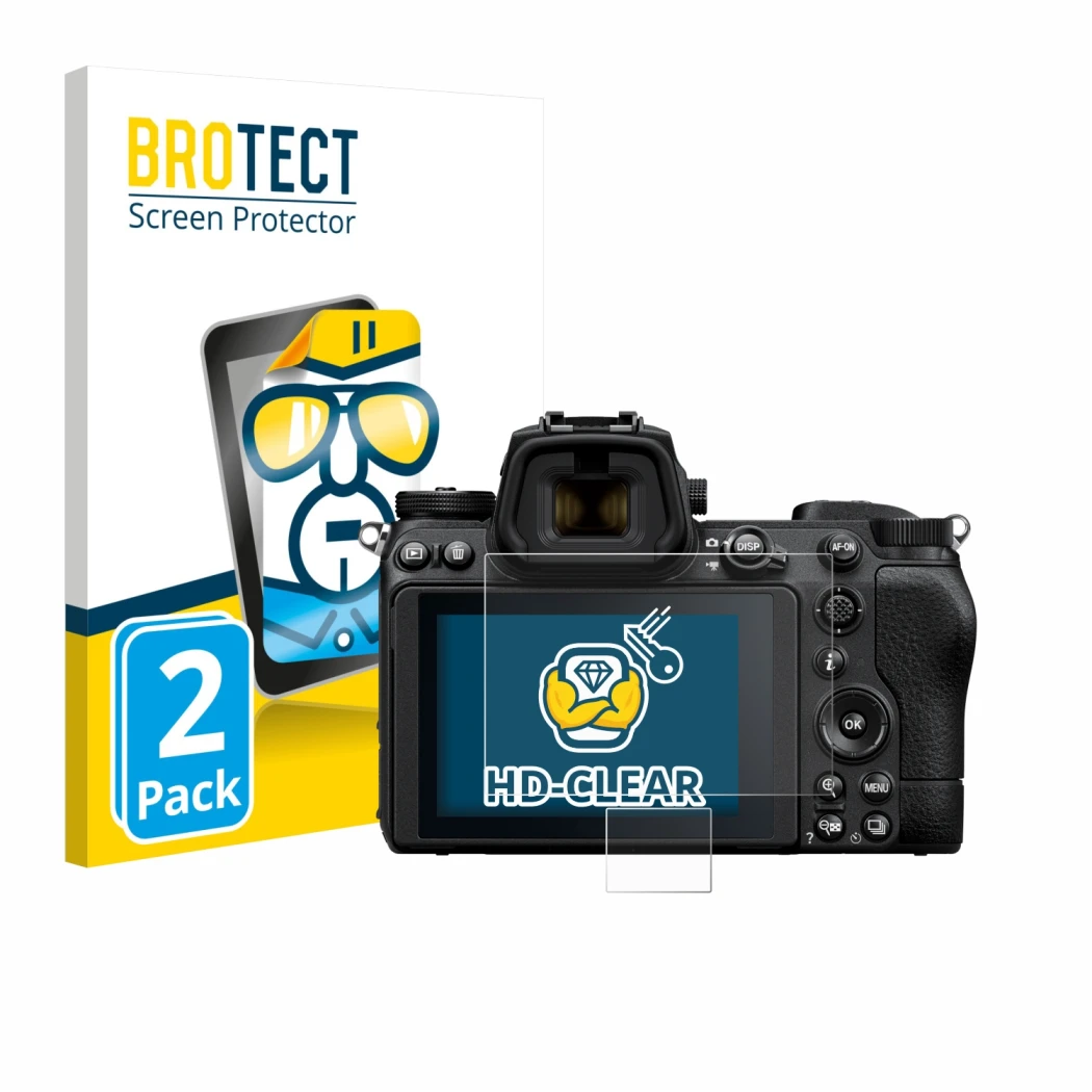 Parte frontal de un envase de producto con el logotipo de la marca BROTECT. Al lado se muestra el dispositivo Nikon Z 6 II con