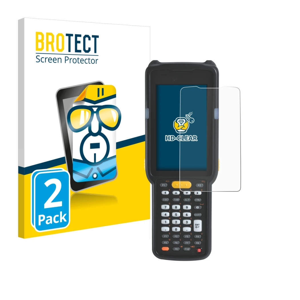 Parte frontal de un envase de producto con el logotipo de la marca BROTECT. Al lado se muestra el dispositivo Zebra MC330L con