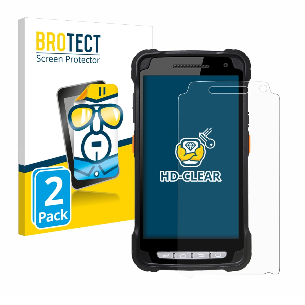 Parte frontal de un envase de producto con el logotipo de la marca BROTECT. Al lado se muestra el dispositivo Point Mobile PM9