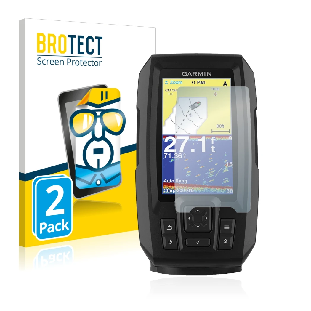 Parte frontal de un envase de producto con el logotipo de la marca BROTECT. Al lado se muestra el dispositivo Garmin Striker V