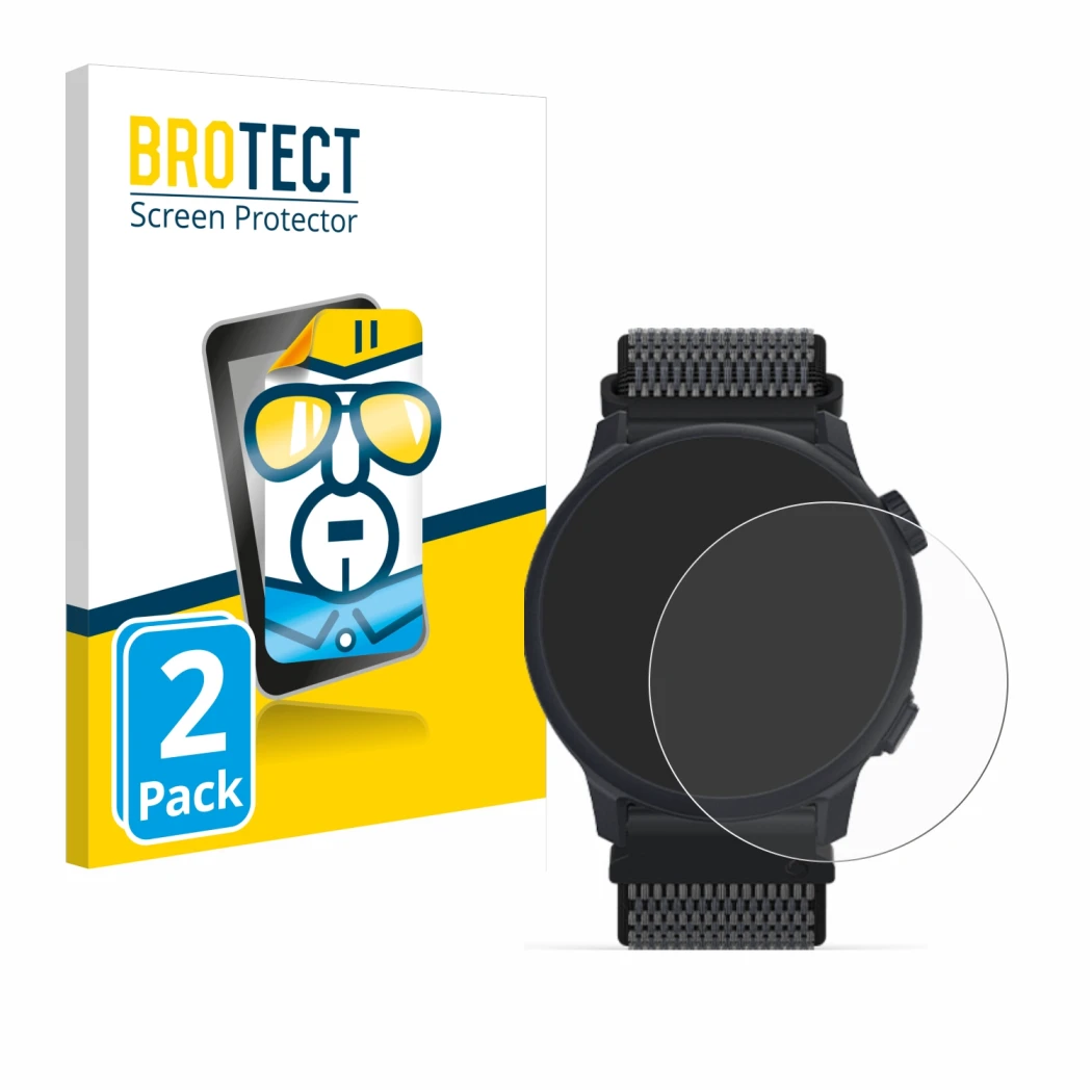 Parte frontal de un envase de producto con el logotipo de la marca BROTECT. Al lado se muestra el dispositivo Coros Pace 2 con