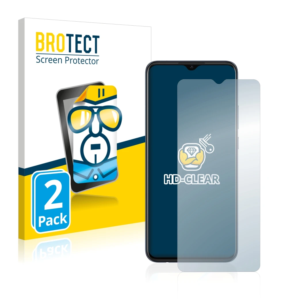Parte frontal de un envase de producto con el logotipo de la marca BROTECT. Al lado se muestra el dispositivo Oppo A15 con su
