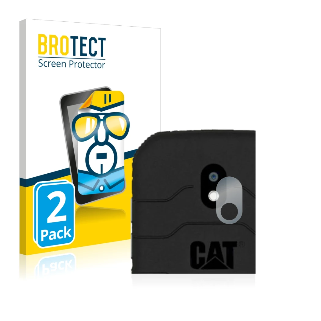 Parte frontal de un envase de producto con el logotipo de la marca BROTECT. Al lado se muestra el dispositivo Caterpillar Cat 