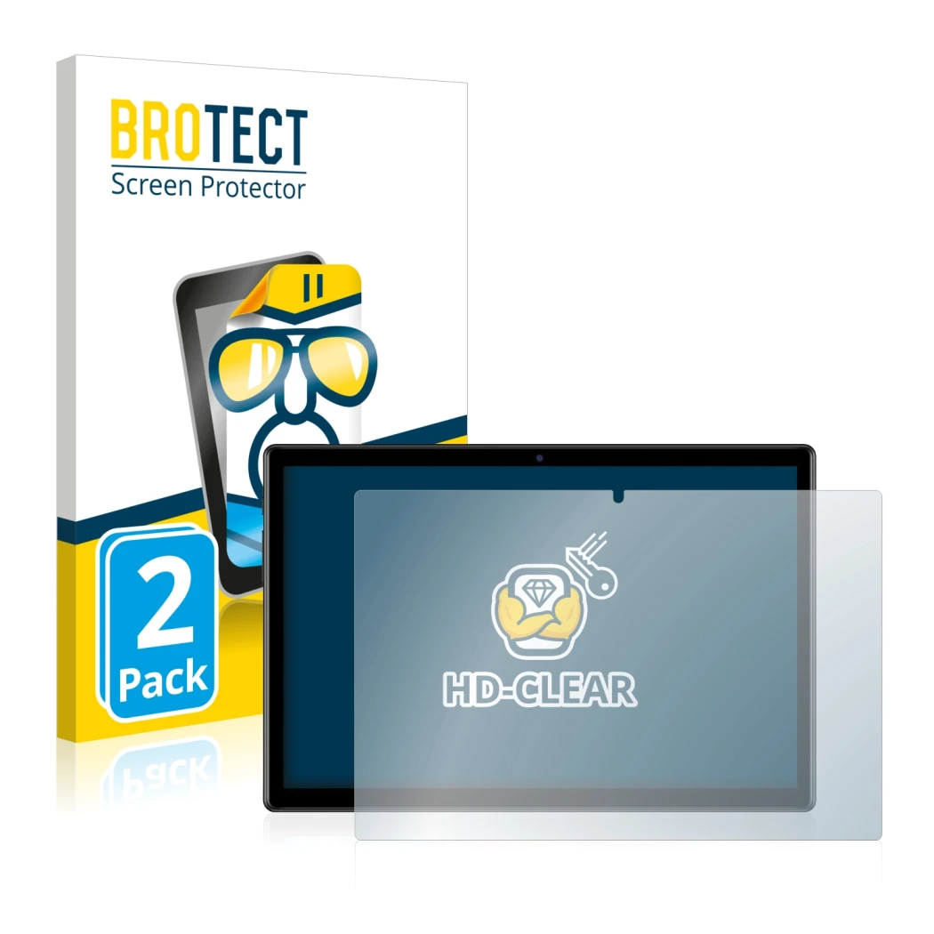 Parte frontal de un envase de producto con el logotipo de la marca BROTECT. Al lado se muestra el dispositivo Teclast M40 (For