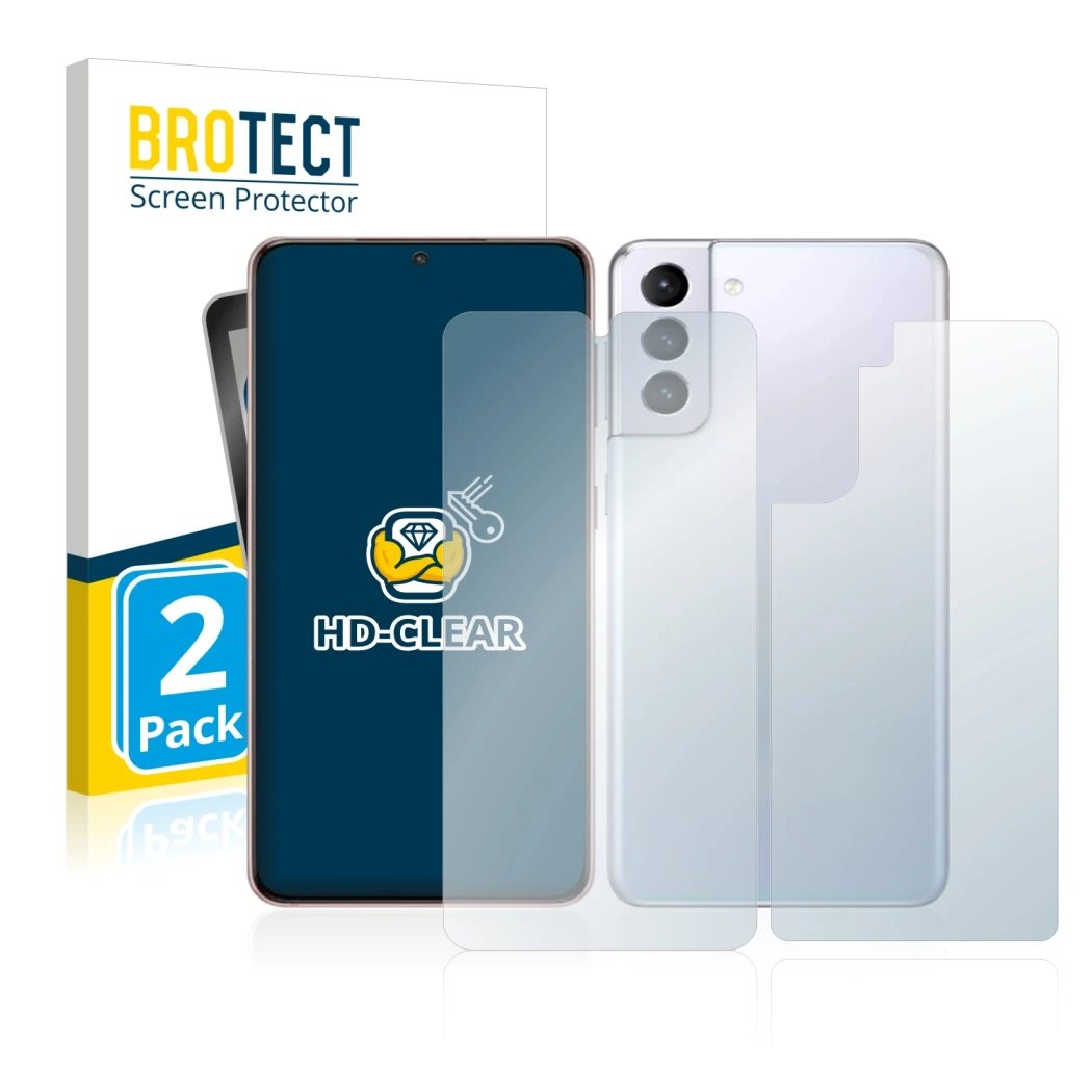 Parte frontal de un envase de producto con el logotipo de la marca BROTECT. Al lado se muestra el dispositivo Samsung Galaxy S