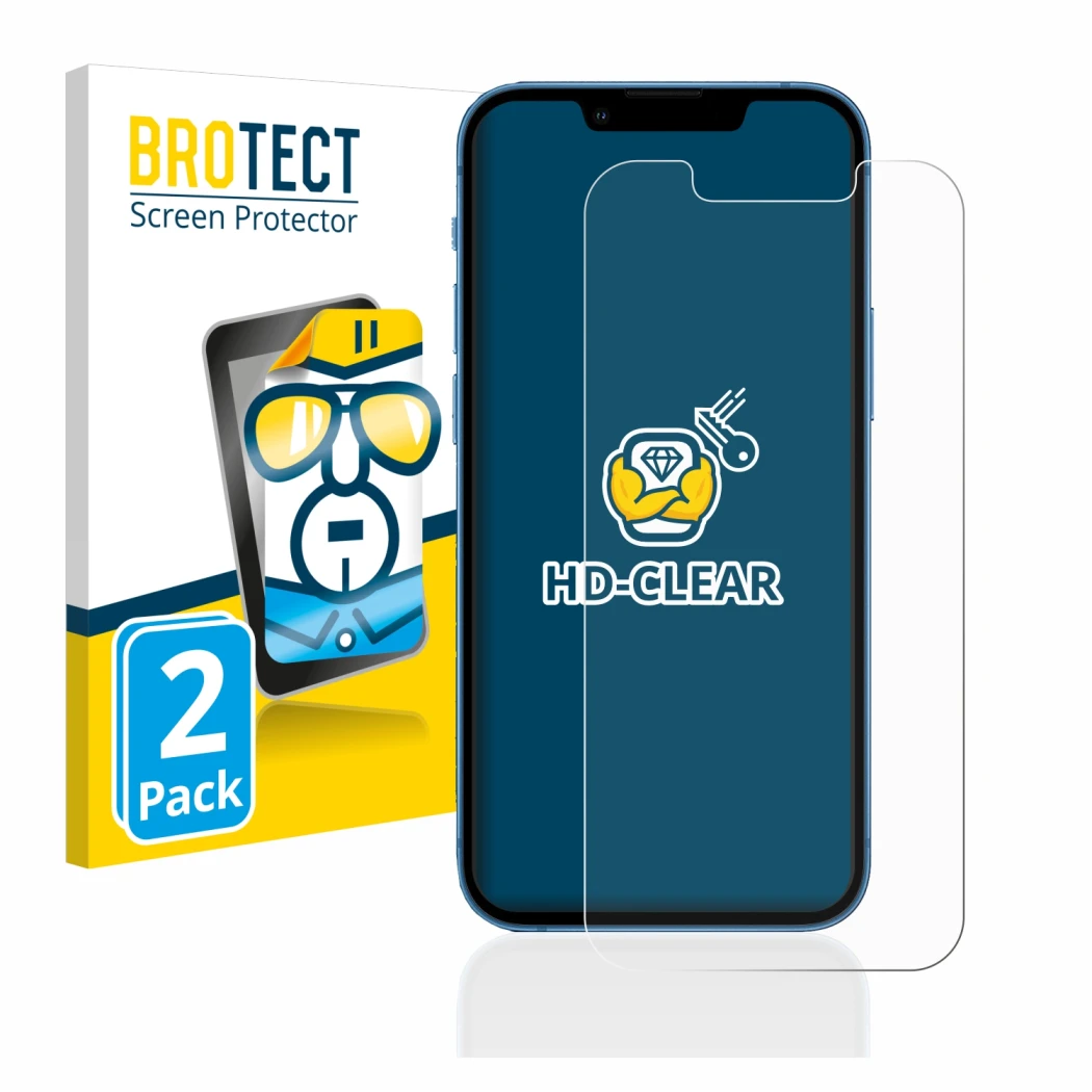 Parte frontal de un envase de producto con el logotipo de la marca BROTECT. Al lado se muestra el dispositivo Apple iPhone 13 