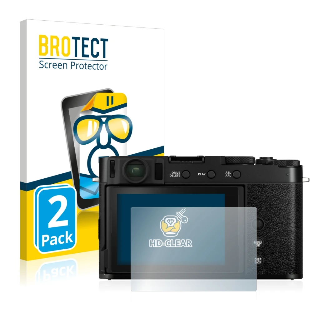 Parte frontal de un envase de producto con el logotipo de la marca BROTECT. Al lado se muestra el dispositivo Fujifilm X-E4 co