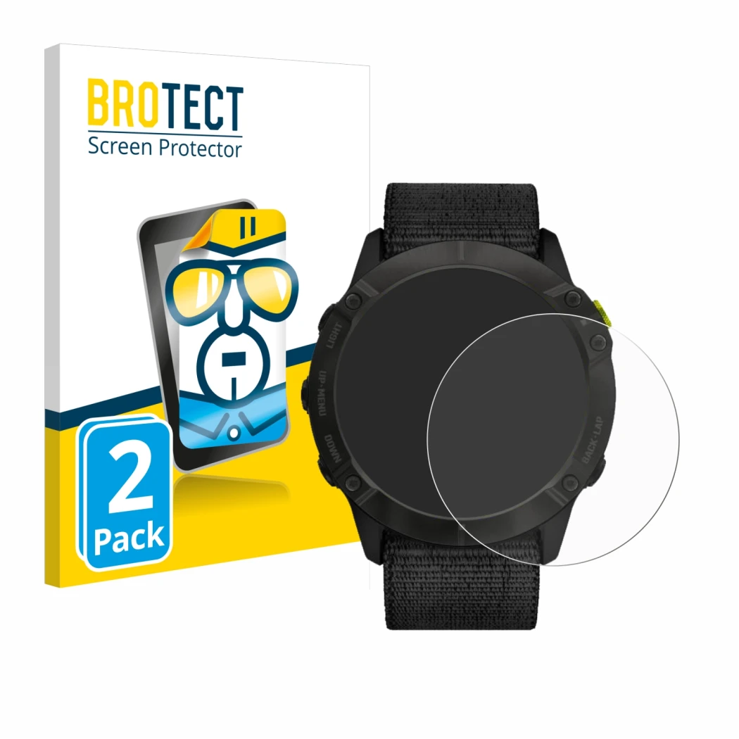 Parte frontal de un envase de producto con el logotipo de la marca BROTECT. Al lado se muestra el dispositivo Garmin Enduro co