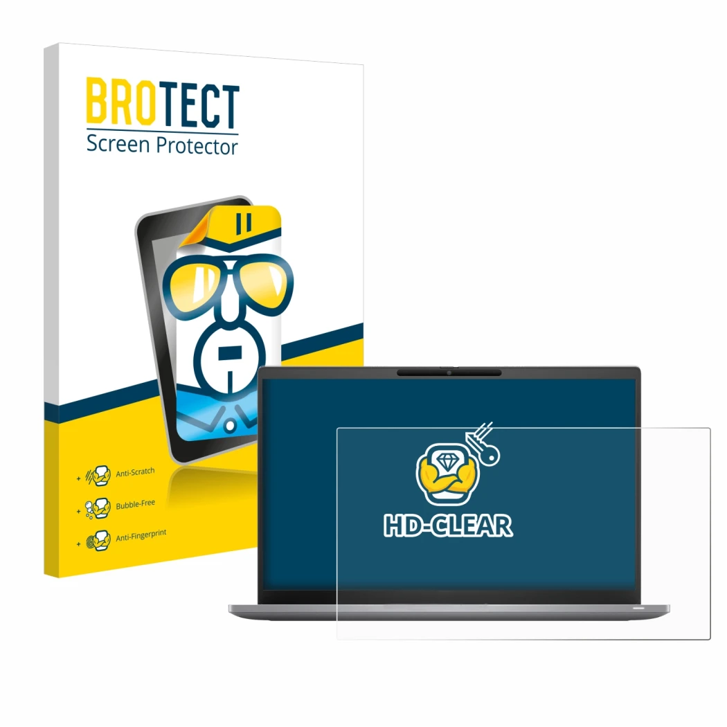 Parte frontal de un envase de producto con el logotipo de la marca BROTECT. Al lado se muestra el dispositivo Dell Latitude 74