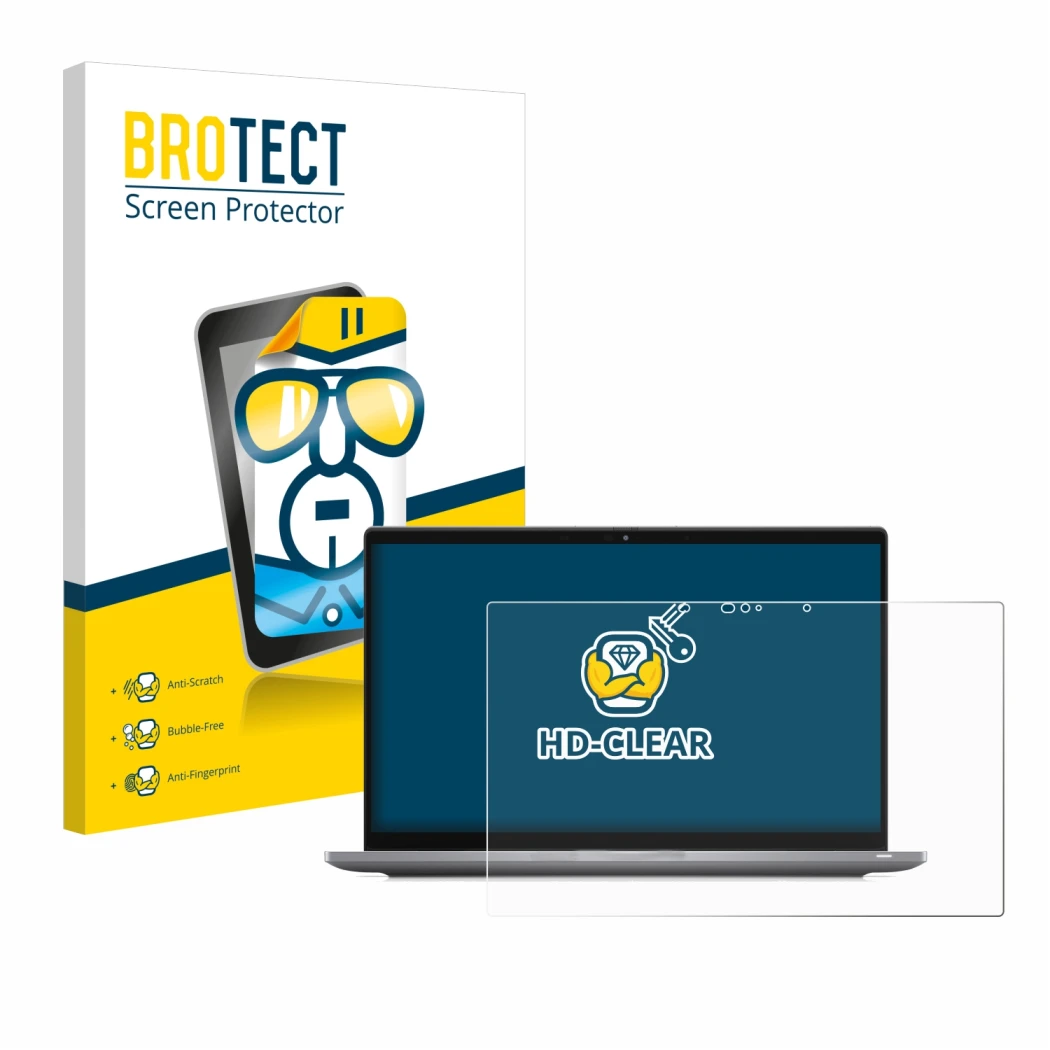 Parte frontal de un envase de producto con el logotipo de la marca BROTECT. Al lado se muestra el dispositivo Dell Latitude 74