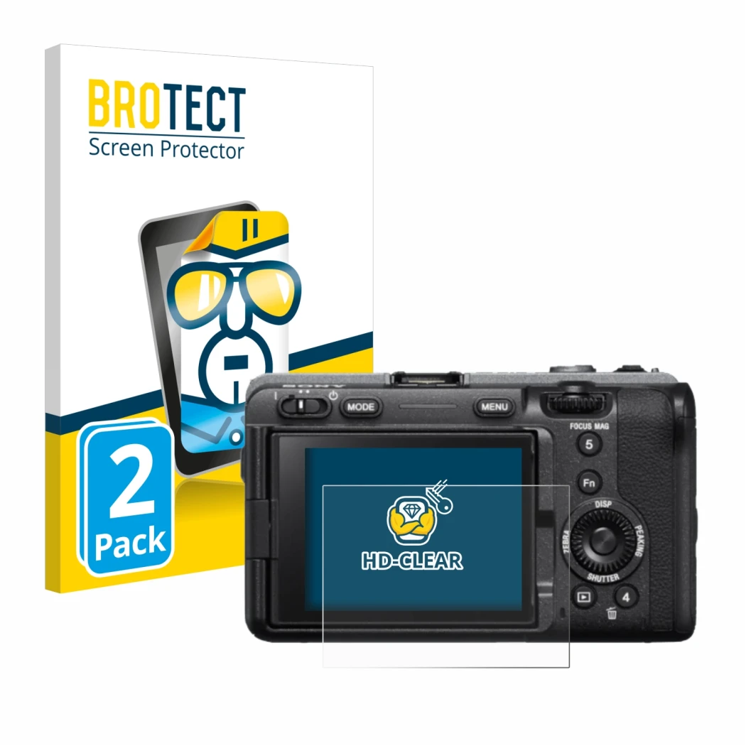 Parte frontal de un envase de producto con el logotipo de la marca BROTECT. Al lado se muestra el dispositivo Sony FX3 con su