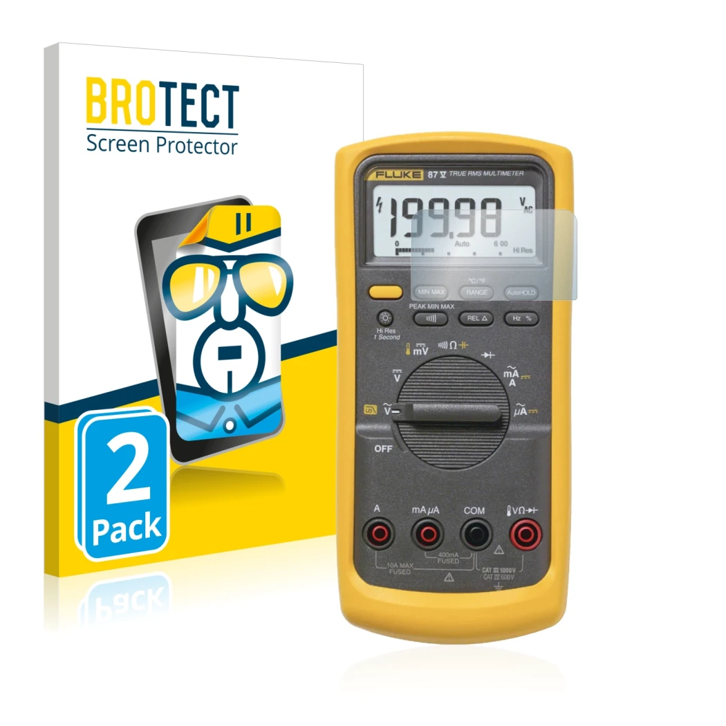 Parte frontal de un envase de producto con el logotipo de la marca BROTECT. Al lado se muestra el dispositivo Fluke 87v con su
