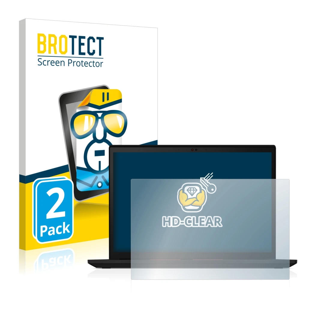 Parte frontal de un envase de producto con el logotipo de la marca BROTECT. Al lado se muestra el dispositivo Lenovo ThinkPad 