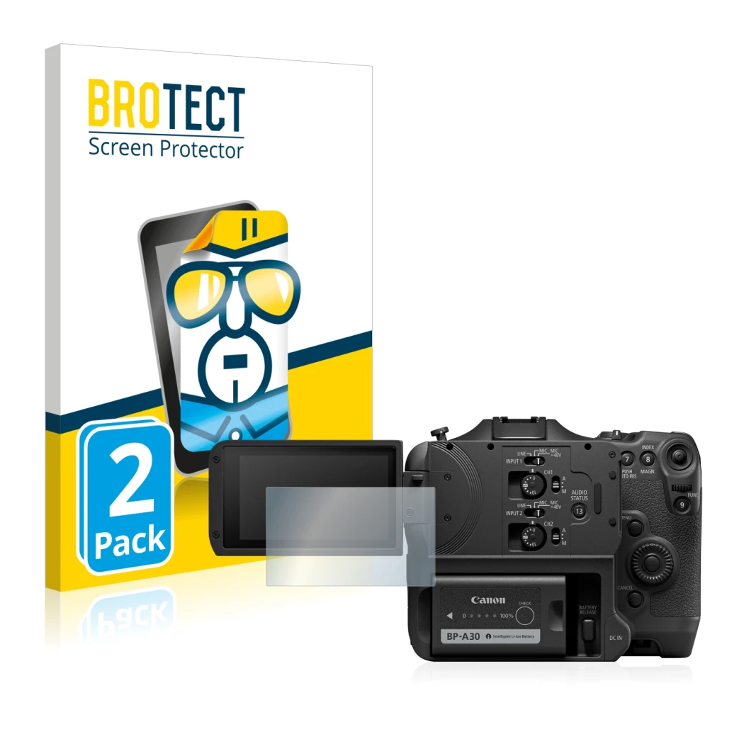 Parte frontal de un envase de producto con el logotipo de la marca BROTECT. Al lado se muestra el dispositivo Canon EOS C70 co