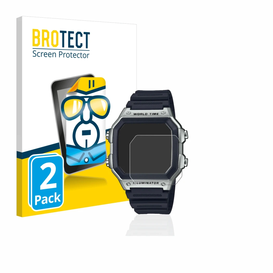 Parte frontal de un envase de producto con el logotipo de la marca BROTECT. Al lado se muestra el dispositivo Casio AE-1200WH 