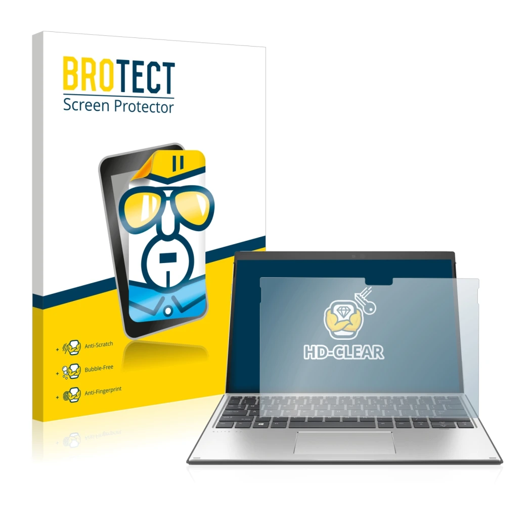 Parte frontal de un envase de producto con el logotipo de la marca BROTECT. Al lado se muestra el dispositivo HP Elite x2 G8 c