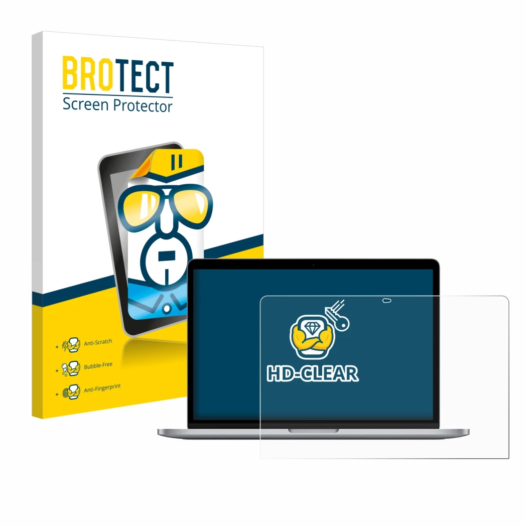 Parte frontal de un envase de producto con el logotipo de la marca BROTECT. Al lado se muestra el dispositivo Apple MacBook Pr